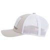 Gray and white mesh trucker hat with a curved brim, a patch with a pattern on the front panel, and mesh back panels.