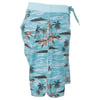 Blue board shorts with a tropical island pattern, featuring palm trees, mountains, and flowers. They have an elastic waistband with a drawstring.