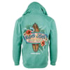 Green hoodie with a Ron Jon Surf Shop design on the back, featuring a surfboard and colorful flowers, with the text Cocoa Beach.