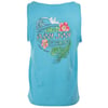A blue sleeveless shirt featuring a Ron Jon Surf Shop Cocoa Beach logo with wave, palm leaves, and hibiscus flower graphics on the back.