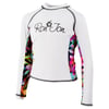 White long-sleeve rash guard with Ron Jon logo on chest and colorful floral patterns on the sides and inner sleeves.