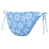 Light blue bikini bottom with white floral pattern and side ties, front view.
