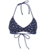 A navy blue bikini top with a floral pattern, featuring a halter neck strap and adjustable ties at the front and back.