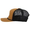 Side view of a brown trucker hat with a black mesh back and a flat brim.