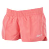 Coral board shorts with an elastic waistband and Ron Jon embroidered in white on the lower left side.