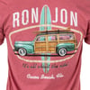 A graphic on a maroon shirt shows a vintage woodie car with surfboards, the text RON JON, and Its all about the ride! Cocoa Beach, Fla.