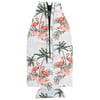 Neoprene bottle sleeve with a zipper, featuring a tropical flamingo and palm tree print on a white background.