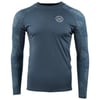 Long-sleeve, dark teal rash guard with a subtle leaf pattern on the sleeves and a small circular logo on the chest.