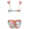 Floral-patterned bikini with brown, pink, blue, and green colors. Top has ruffled shoulder straps and a back clasp. Bottoms feature large floral print.