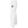 White sweatpants with an elastic waistband and a printed graphic on the left thigh, displayed from a side angle.