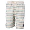 Beige shorts with light blue and gray horizontal stripes, elastic waistband, drawstring, and a small black logo patch on one leg.