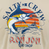 Cream t-shirt featuring a graphic of a marlin fish jumping above waves with a boat in the background, surrounded by the text Salty Crew and Ron Jon Surf Shop.