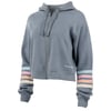 Blue cropped zip-up hoodie with a drawstring hood. Features colorful horizontal stripes on sleeves and a small text logo on the lower left front.
