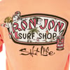 Logo for Ron Jon Surf Shop featuring tropical elements, a hula girl, palm trees, a tiki mask, and the words Salt Life on an orange background.