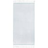 A light green rectangular towel with white fringe on both shorter ends, laid flat against a white background.