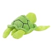 A green plush turtle toy with black lines on its shell, lying on its belly with its head and flippers extended.