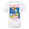 White t-shirt with a colorful toucan graphic and bold text: Ron Jon. Two cans are better than one! Party pants.