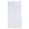 A light blue rectangular towel with white fringe on both shorter ends, laid flat against a white background.