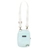 A small, light blue crossbody bag with a white adjustable strap and metal clasps, featuring a front logo patch and a D-ring at the bottom corner.