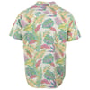 Back view of a short-sleeve shirt with a colorful tropical leaf pattern, including green, pink, and yellow leaves on a light background.