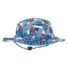 Blue and white patterned bucket hat with red accents, featuring various geometric shapes, stars, and a chin strap with an adjustable toggle.