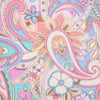 A colorful paisley pattern with floral and abstract designs in pink, blue, and yellow tones.