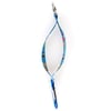 A blue patterned wrist strap and one carabiners on one end and a keyring on the other, arranged on a white background.