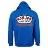 Blue hoodie with a Ron Jon Surf Shop, Clearwater Beach logo on the back.