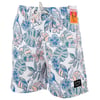 Mens swim shorts with a tropical print featuring flamingos, palm leaves, and flowers in blue, pink, and white tones. They have a drawstring waist and a small label on the left leg.