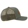 Green and tan mesh trucker hat with a curved brim and a leather patch on the front panel, shown from a side angle.