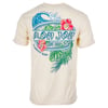 Beige t-shirt featuring a Ron Jon Surf Shop Pensacola Beach logo with a wave, palm leaves, and red hibiscus flowers on the back.