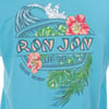 Blue shirt with Ron Jon Surf Shop Cocoa Beach text, featuring flowers, tropical leaves, and a wave graphic.