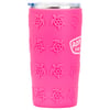 A pink tumbler with a stainless steel rim, decorated with a repeating pattern of embossed sea turtles and a partial logo on the upper right side.