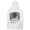 White hoodie with Orange Beach text, a palm tree graphic, and Ron Jon Surf Shop branding printed on the back.