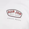 White t-shirt with Ron Jon Surf Shop, and Cocoa Beach printed on it in colorful text.