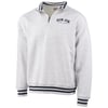 Light gray quarter-zip pullover with Ron Jon Surf Shop logo on the left chest, featuring navy striped cuffs, collar, and hem.
