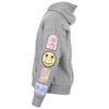 Grey hoodie with multiple colorful patches on the left sleeve and chest, including smiley face, palm tree, and Ron Jon Surf Shop logo. Side view shown.