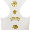 White racerback crop top featuring yellow graphics: a palm tree, a hibiscus flower, Ron Jon Surf Shop logo, and a seashell, all centered on the back.