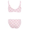 Two-piece swimsuit with a pink and white checkered floral pattern. The set includes a scoop-neck top and high-waisted bottoms, displayed against a plain white background.