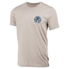 Beige T-shirt with a small round logo on the front left side depicting the word JETTY and a stylized wave design.