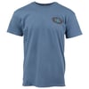 Plain blue short-sleeve t-shirt featuring a small, colorful graphic logo on the upper left chest area.