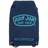 A navy blue drawstring bag with Ron Jon Surf Shop and WATERPROOF printed in light blue text on the front.