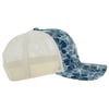 Side view of a blue and white floral-patterned cap with a mesh back and adjustable strap.