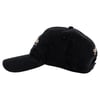 Black baseball cap with embroidered script on the side and back, featuring a curved brim and adjustable strap.