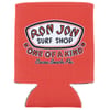 A red drink coozie with the text Ron Jon Surf Shop, One of a Kind, Cocoa Beach, Fla. printed on it in white and black.