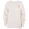 A plain off white crewneck sweatshirt with long sleeves, ribbed cuffs and hem, and a small brown logo on the upper left chest.