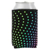 A silver beverage can in a black can cooler decorated with a pattern of colorful dots arranged in curved lines.