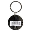 A round metal keychain with a barcode sticker and a metal key ring attached, displaying a Made in Bangladesh label at the bottom.