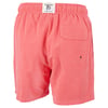 Rear view of pink swim trunks with an elastic waistband and a back pocket.
