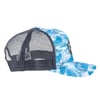 A blue and white trucker hat with a wave pattern on the front and grey mesh back panels seen from the right side.